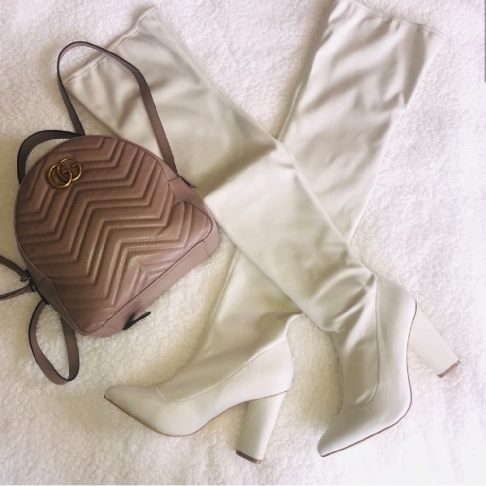 Pointed Toe Neoprene Over The Knee Boot Cream - Picture 2 of 6